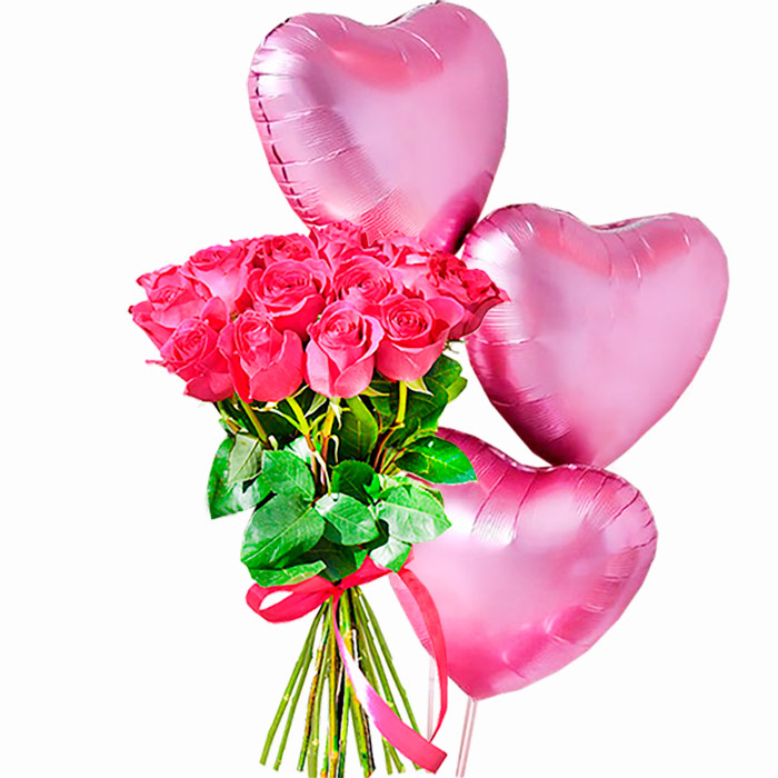 Букет из 15 розовых рози шары фольгированные в форме сердца